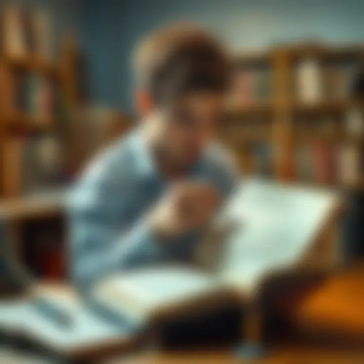 A person carefully examining an old Linking Book, looking for ways to restore its functionality, with bookshelves and tools in the background.