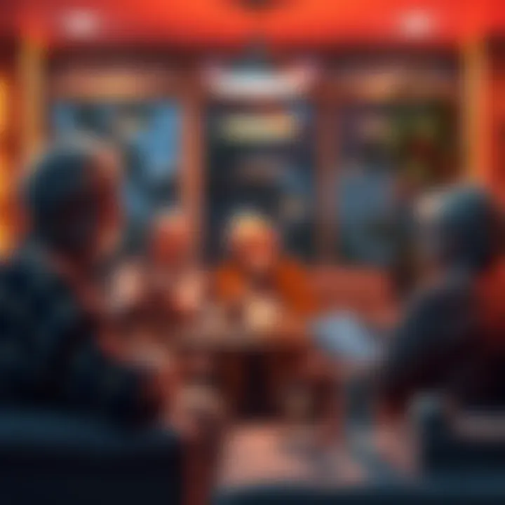 A group of retired CG artists sharing stories and experiences in a cozy setting, discussing their journeys in the creative industry.