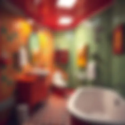 A vibrant retro bathroom featuring avocado green and orange tiles, quirky fixtures, and vintage decor elements.