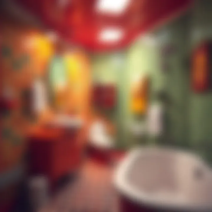 A vibrant retro bathroom featuring avocado green and orange tiles, quirky fixtures, and vintage decor elements.