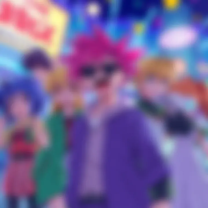 A group of classic anime characters from beloved shows, reimagined with modern designs, surrounded by a lively background of retro elements and excitement.