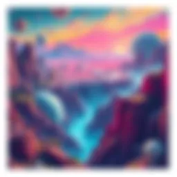 A vibrant retro-futurist scene featuring colorful planets and surreal landscapes created by AI