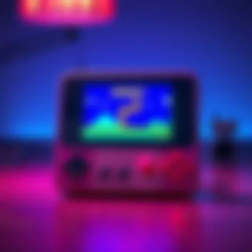 A pixel art style image showing a retro game console with a screen displaying an 80s style game. Colorful graphics and simple controls highlight the indie gaming experience.