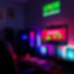 A classic gaming desktop setup from the early 2000s featuring a bulky tower, bright lights, and a CRT monitor with vintage game graphics on the screen.