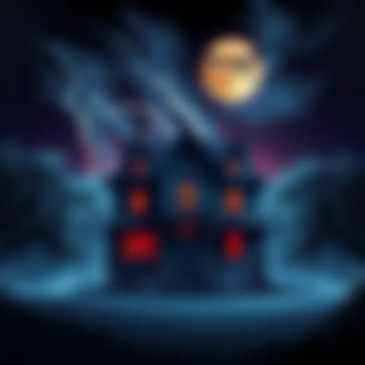 Cover art featuring a spooky haunted house with a dark sky and creepy trees, showcasing a retro style.