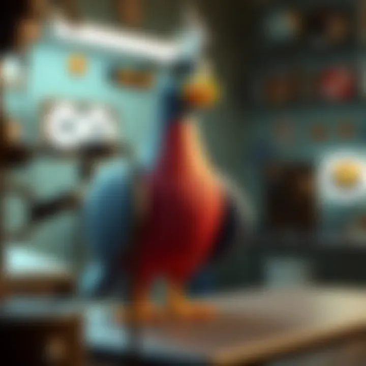 A 3D artist adjusting rigged meshes on a retro-style pigeon mascot in a digital modeling software.