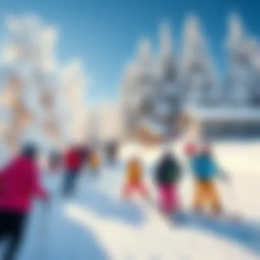 A lively winter scene with people skiing and snowboarding, dressed in colorful retro outfits, surrounded by beautiful snow-covered trees