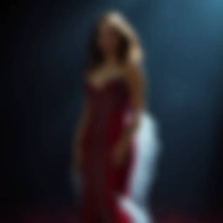 A seductive retro vampire woman wearing an elegant gown, standing in a dark, misty setting, with an intense gaze and fangs visible, evoking a classic horror vibe.