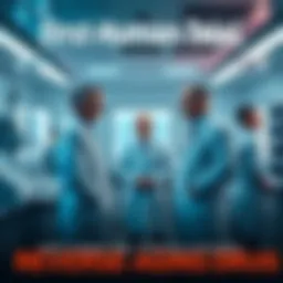 Scientists in lab coats conducting a trial for a reverse-aging drug, with medical equipment and test subjects in a research facility