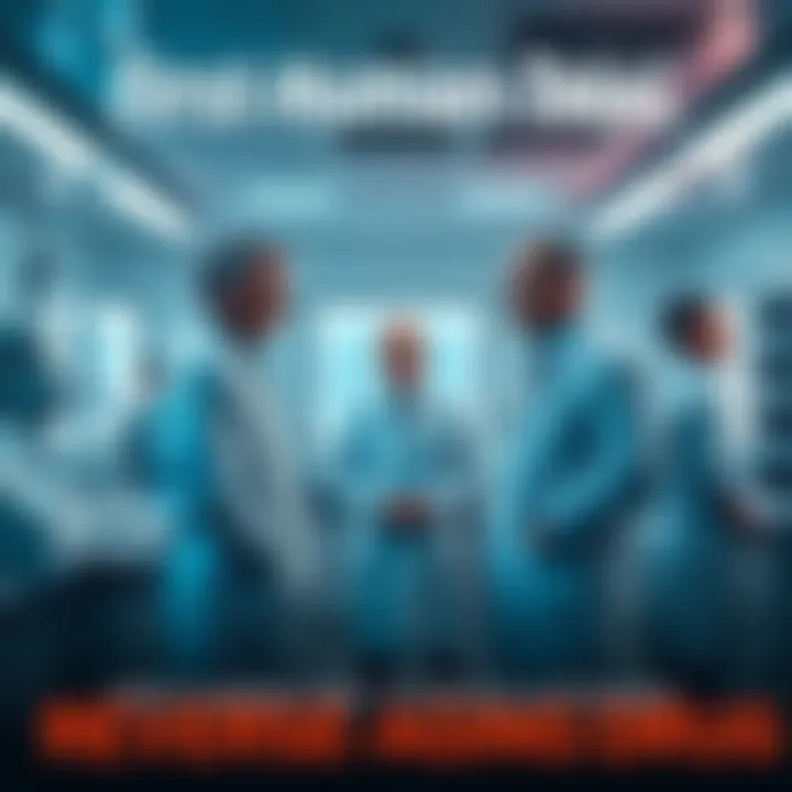 Scientists in lab coats conducting a trial for a reverse-aging drug, with medical equipment and test subjects in a research facility
