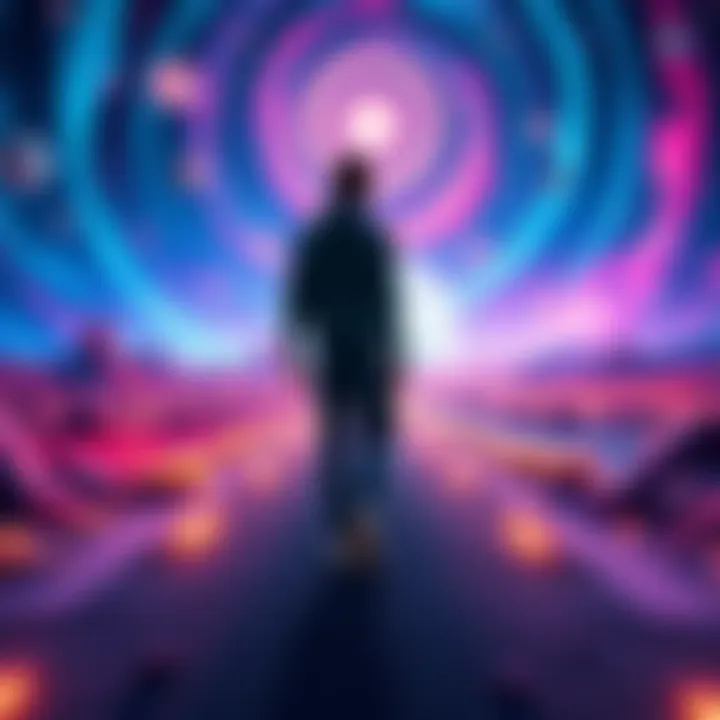 A person walking backwards in a colorful multiverse landscape, with swirling galaxies and vibrant colors around them.