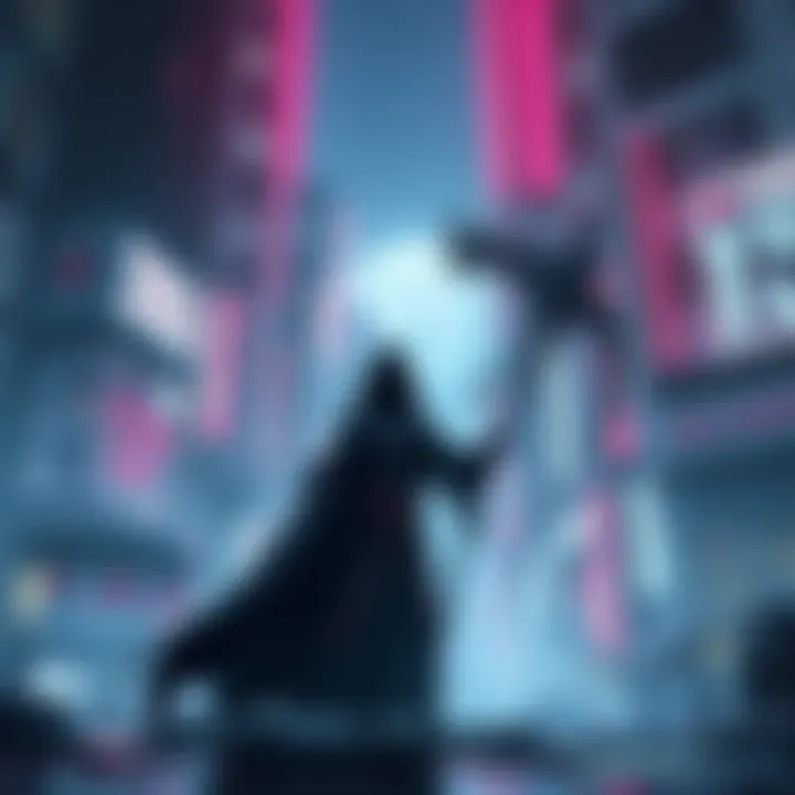 A character representing the Death God stands in a futuristic cityscape with neon lights, symbolizing the year 2055. The character is cloaked and mysterious, holding a scythe, surrounded by a sense of...