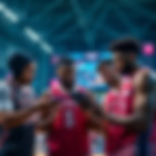 Rhody men's basketball players analyzing data on tablets, showcasing AI integration in talent evaluation