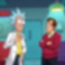 Rick, the eccentric scientist, surprises Jerry and George in a humorous crossover scene from their worlds.