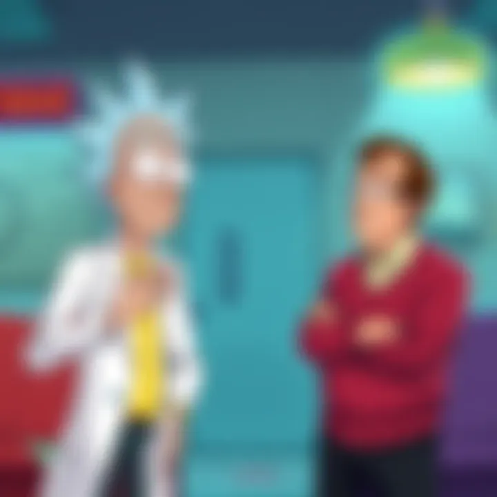 Rick, the eccentric scientist, surprises Jerry and George in a humorous crossover scene from their worlds.