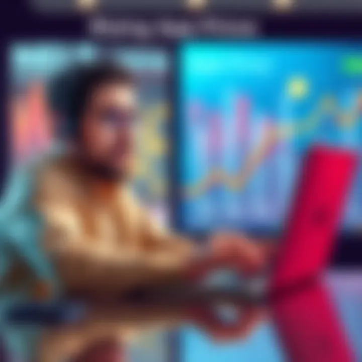 A frustrated developer analyzing app prices on a laptop, showing a graph with rising costs.