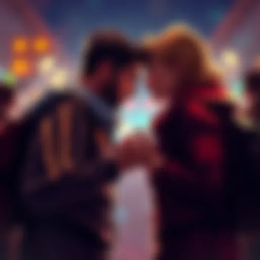 Two people from opposing groups share a moment, showing tension and interest in each other, symbolizing enemies-to-lovers dynamic.