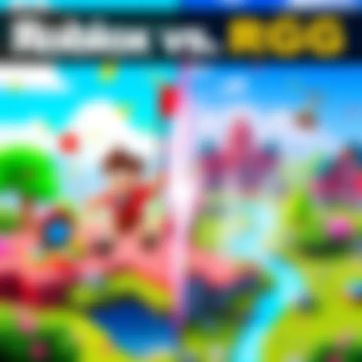 A split image showing a colorful Roblox card battler game scene on one side and a vibrant pixel-art RPG landscape on the other side, highlighting the contrast between the two game styles.