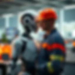A robot alongside a human worker in an office setting, symbolizing the relationship between AI and human labor in the workplace.
