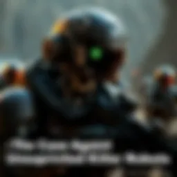 An automated robot equipped for combat in a war zone, highlighting the debate on unsupervised military technology.