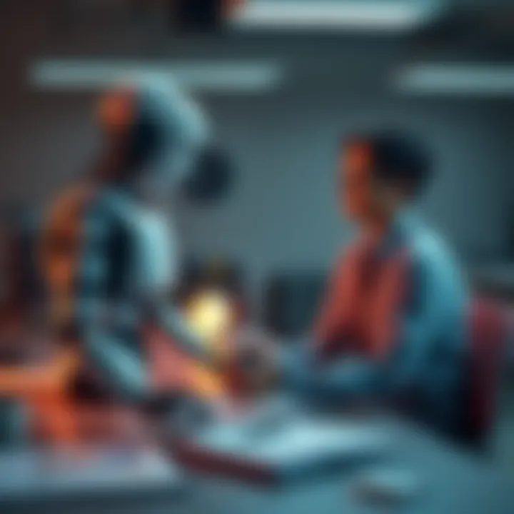 A robot and a human working together at a desk, symbolizing the Robot Minimum Wage Plan to tax automation, with charts and documents around them.
