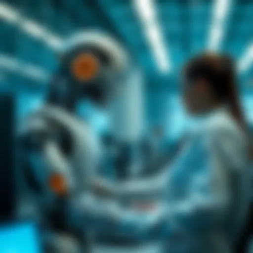 A robot assisting a human in an office environment, showcasing teamwork between technology and people.