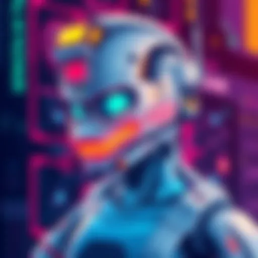 An illustration of a futuristic robot character with distinct features, showcasing creativity and unique design elements, while set against a digital background that hints at technology and AI themes.