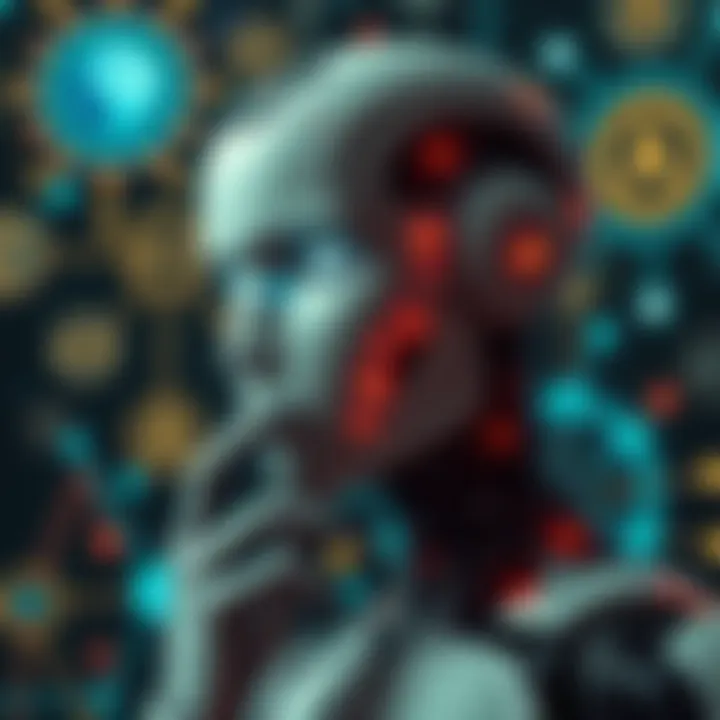 A robot with a thoughtful expression, surrounded by digital symbols representing AI and ethics, suggesting the exploration of AI consciousness.