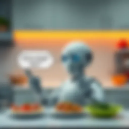 A robot in a kitchen expressing frustration while making wok chicken instead of gourmet dishes like lobster.