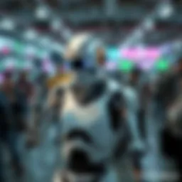 A robot showcasing various tasks in a busy environment with video clips around it, representing the 16 million video dataset by Figure.AI.
