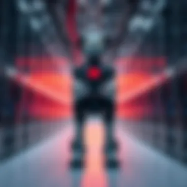 Robot Dog Patrols Data Center A robot dog stands guard inside a large data center filled with servers, ensuring security and protection for sensitive information.