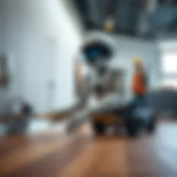 A robot equipped with tools is working on installing flooring in a room, while a human worker observes the process.