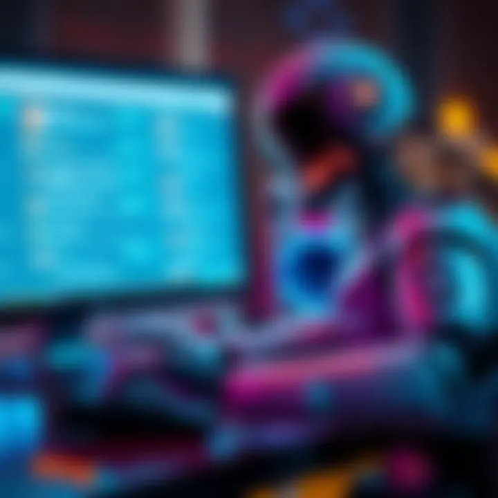A robot typing on a computer while forum posts are visible on the screen