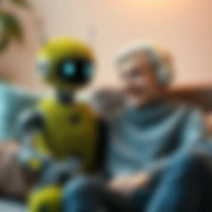 A friendly-looking robot with a mossy texture sitting next to a person, both appearing joyful in a cozy setting.