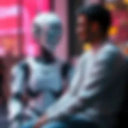 A robot girlfriend sitting next to a person, both smiling and engaged in conversation