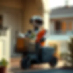 A friendly robot transporting groceries to a doorstep, symbolizing future automated errands.