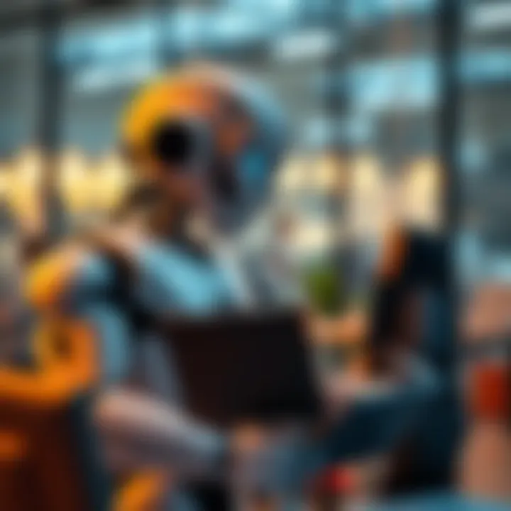 Robot and Human Working Together A robot collaborating with a human in an office setting, highlighting the impact of AGI on jobs and economy.