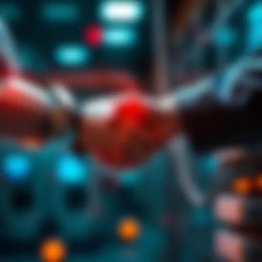 A robot and a human shaking hands, symbolizing the interaction between technology and employment.