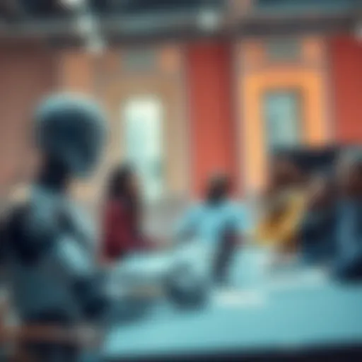 A robot engaging with a group of diverse people discussing technology and AI at a table.