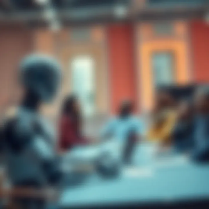 A robot engaging with a group of diverse people discussing technology and AI at a table.