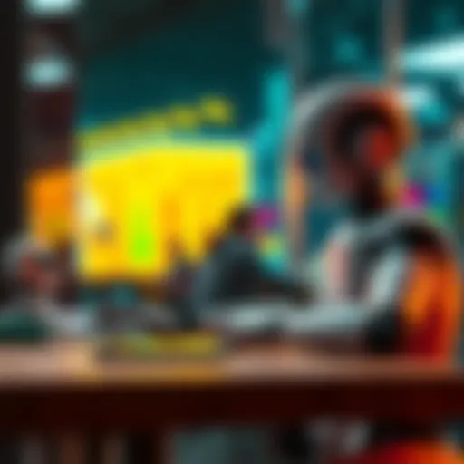 A human and a robot are sitting at a table, discussing ideas. The human looks curious while the robot has a simple, friendly design. Bright colors fill the background, showing creativity and collaboration.