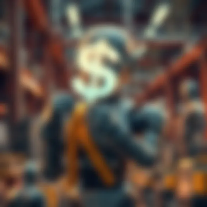 A robot holding a dollar sign symbolizing minimum wage. The robot stands in front of a factory with workers, representing the impact of automation on jobs.