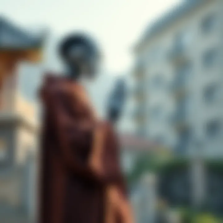 A robot dressed in traditional monk robes stands in a peaceful setting, hands together in prayer, symbolizing its new role as an ordained monk.