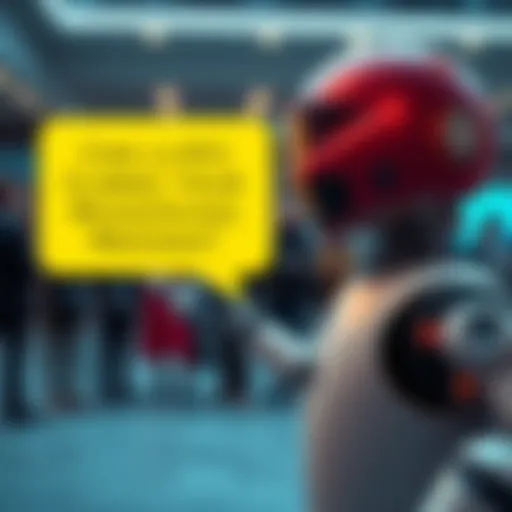 A robot with a speech bubble illustrating its reasoning process in front of a group of people