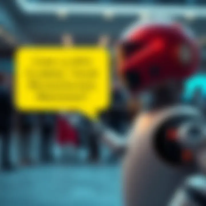 A robot with a speech bubble illustrating its reasoning process in front of a group of people