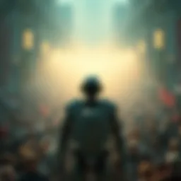A robot stands amidst a large crowd of people, symbolizing surveillance and control by authoritarian regimes.