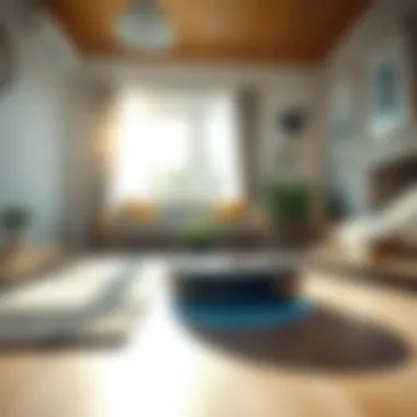 A robot vacuum cleaner moving across a tidy living room floor while the sun shines through a window