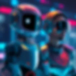 A futuristic voice assistant with a robotic appearance, resembling a friendly robot with a screen face and metallic body, standing next to a human-like voice assistant.
