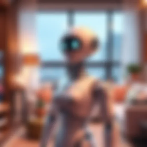 A lifelike robot waifu with a friendly appearance, standing in a cozy living room, showcasing advanced technology and design features.