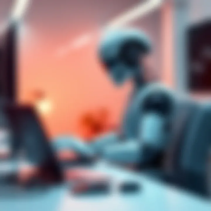 Robot Working in Office A robot sitting at a desk with a laptop, symbolizing AI in the workplace, while a human observes from the side.